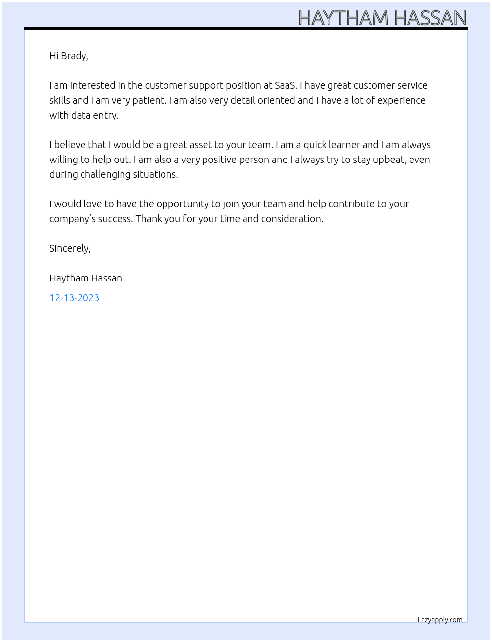 Customer support At SaaS Cover Letter