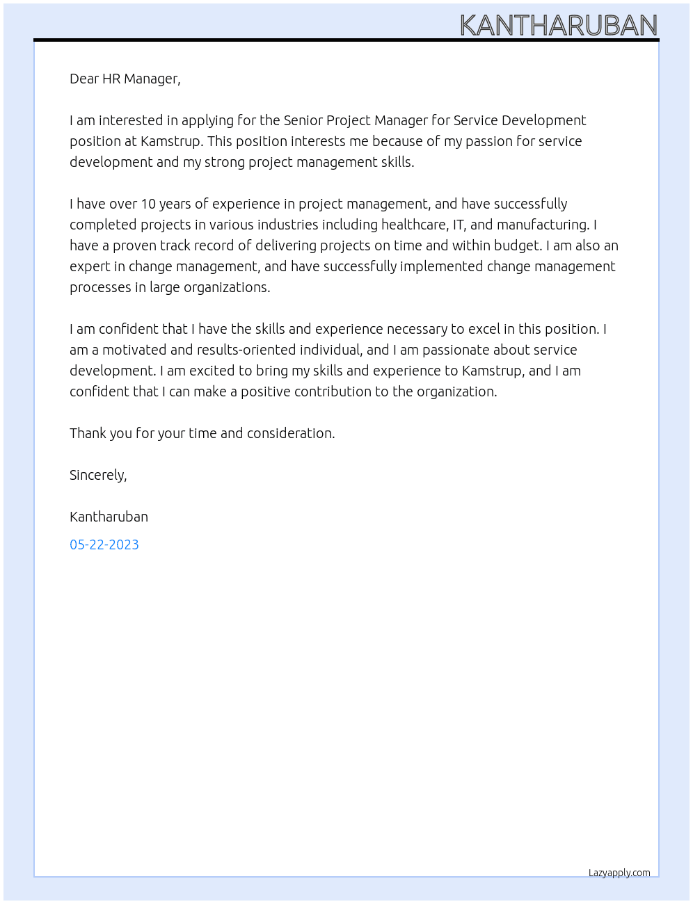Senior Project Manager for Service Development At Kamstrup Cover Letter