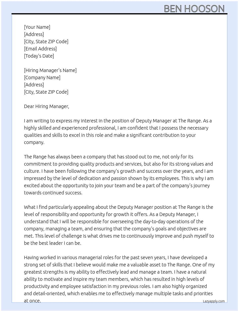 Deputy manager  At The range Cover Letter