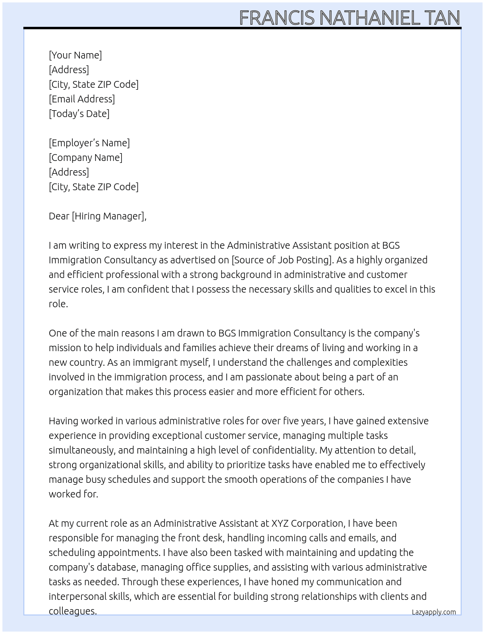 administrative assistant At BGS Immigration Consultancy Cover Letter