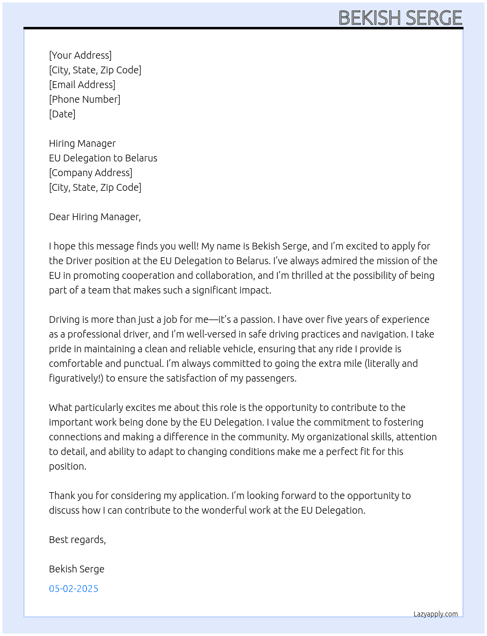 Driver At EU Delegation to Belarus Cover Letter