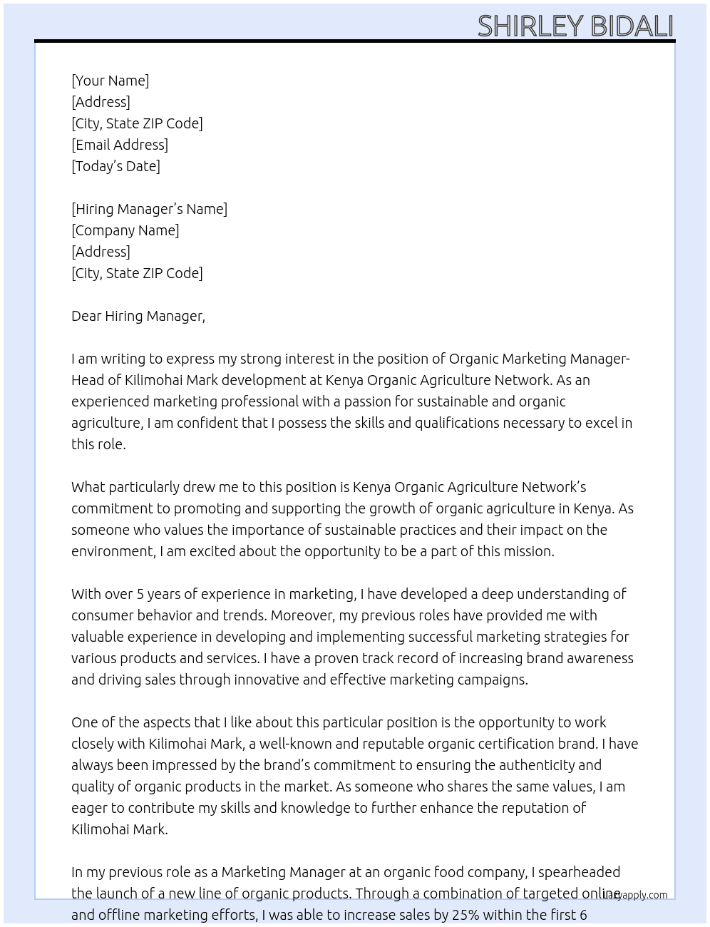 Organic Marketing Manager- Head of Kilimohai Mark development  At Kenya Organic Agriculture Network Cover Letter