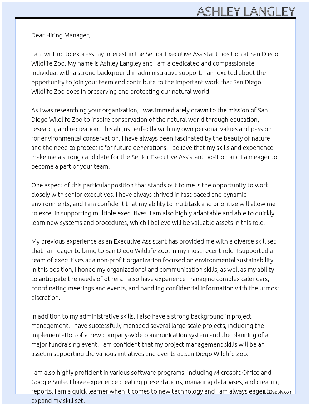 Senior Executive Assistant At San Diego Wildlife Zoo Cover Letter