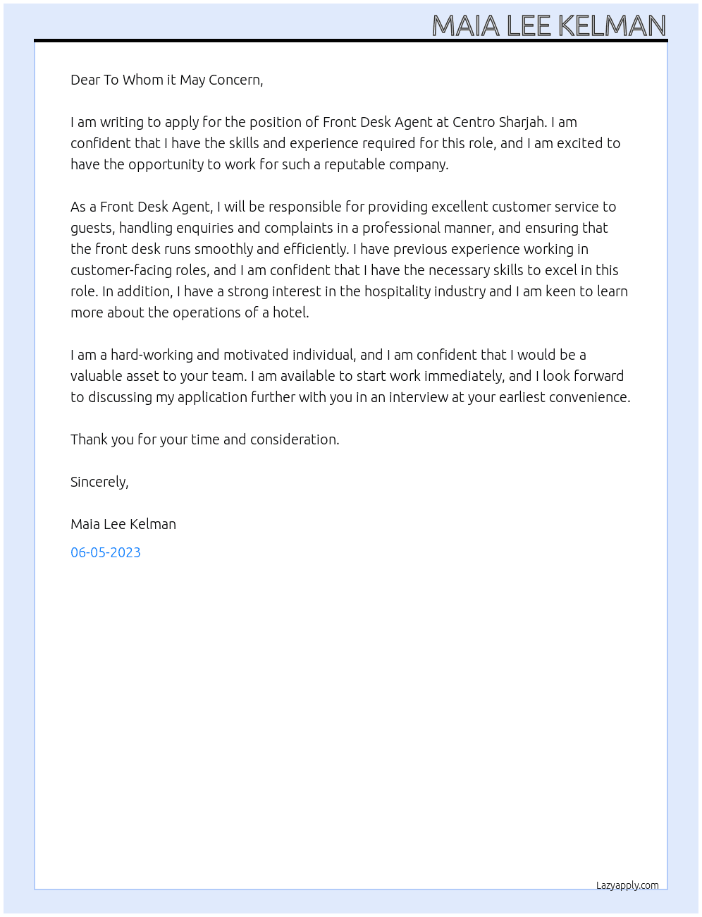 Front Desk Agent At Centro Sharjah Cover Letter