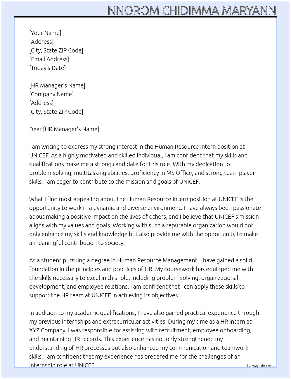 Human resource intern At Unicef Cover Letter