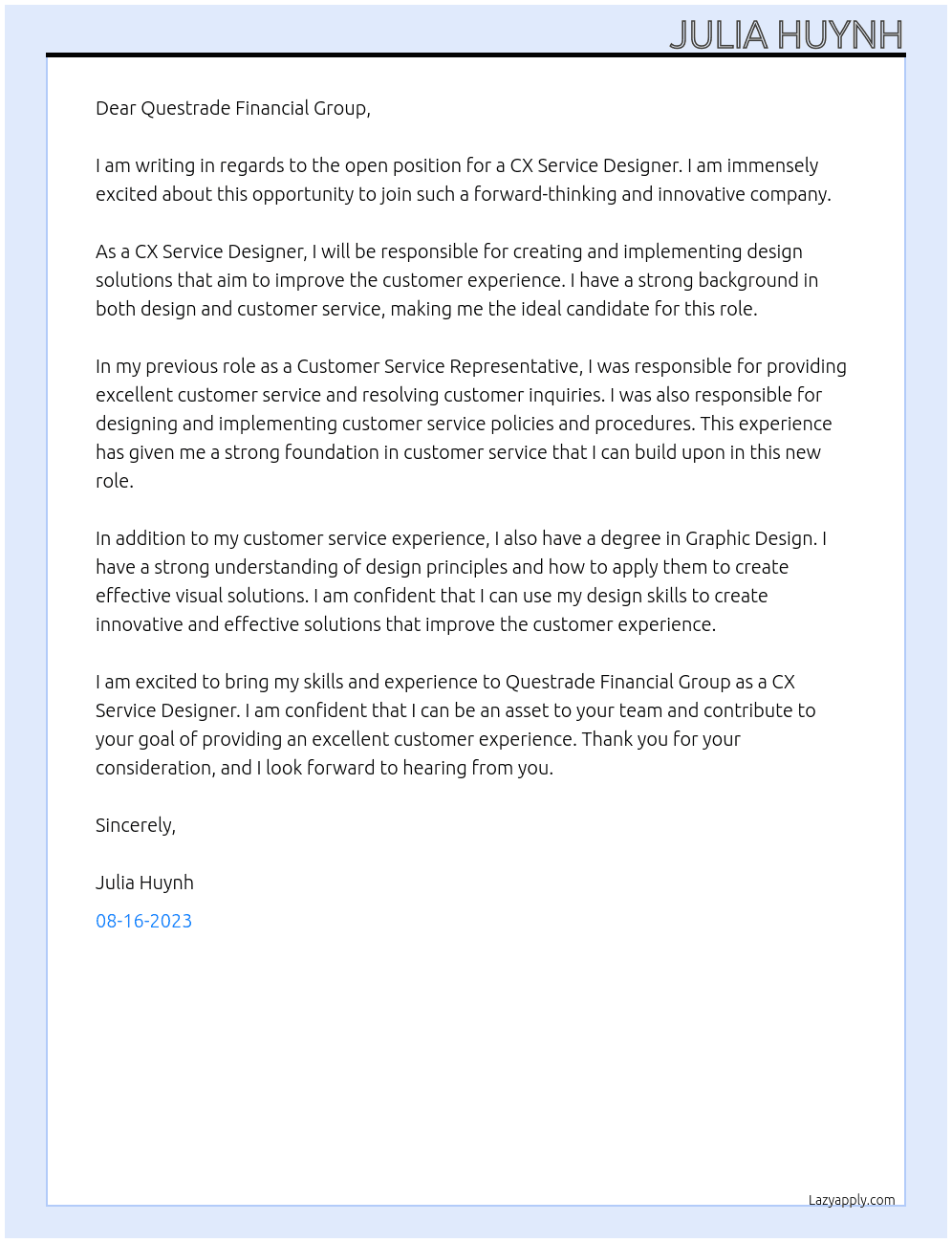 CX Service Designer At Questrade Financial Group  Cover Letter