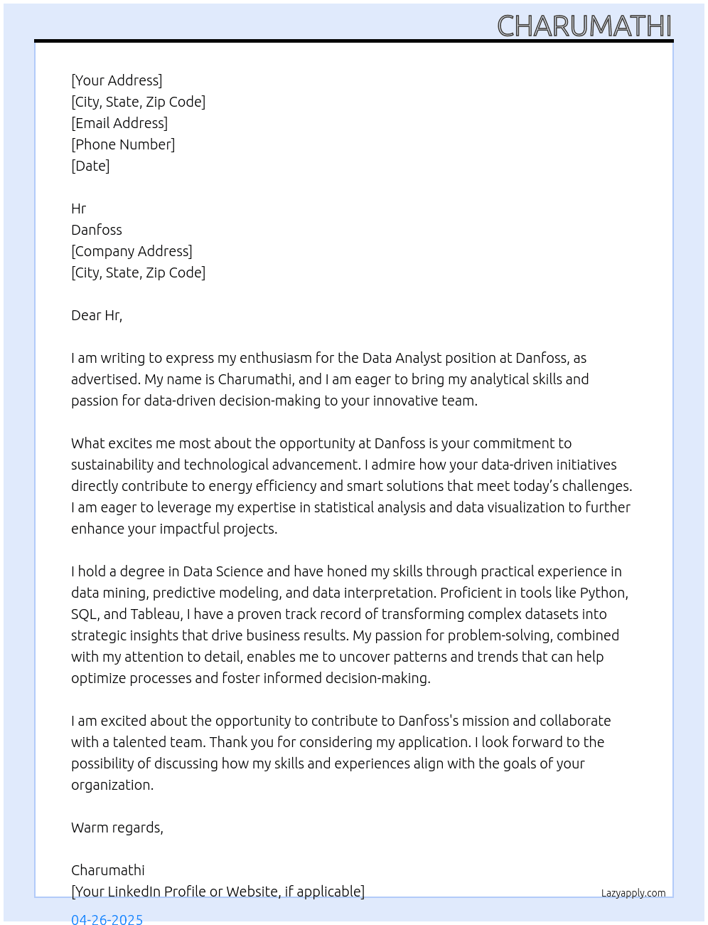 Data analyst At danfoss Cover Letter