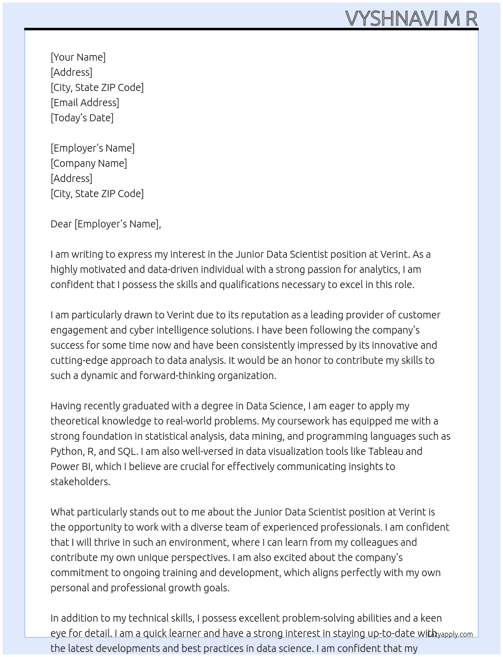 Junior Data Scientist At Verint Cover Letter