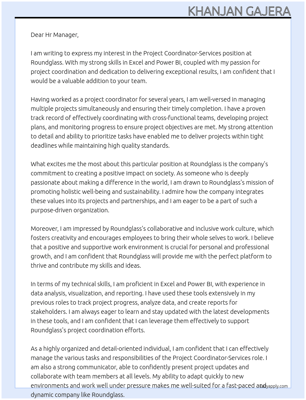 project coordinator-services At Roundglass Cover Letter