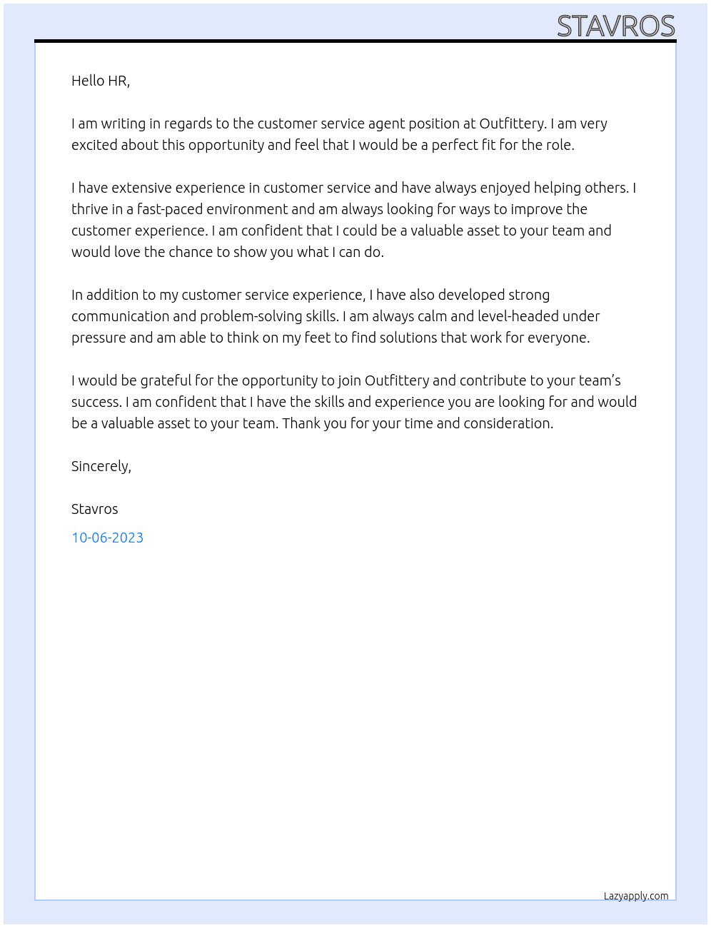 Customer service agent At Outfittery Cover Letter
