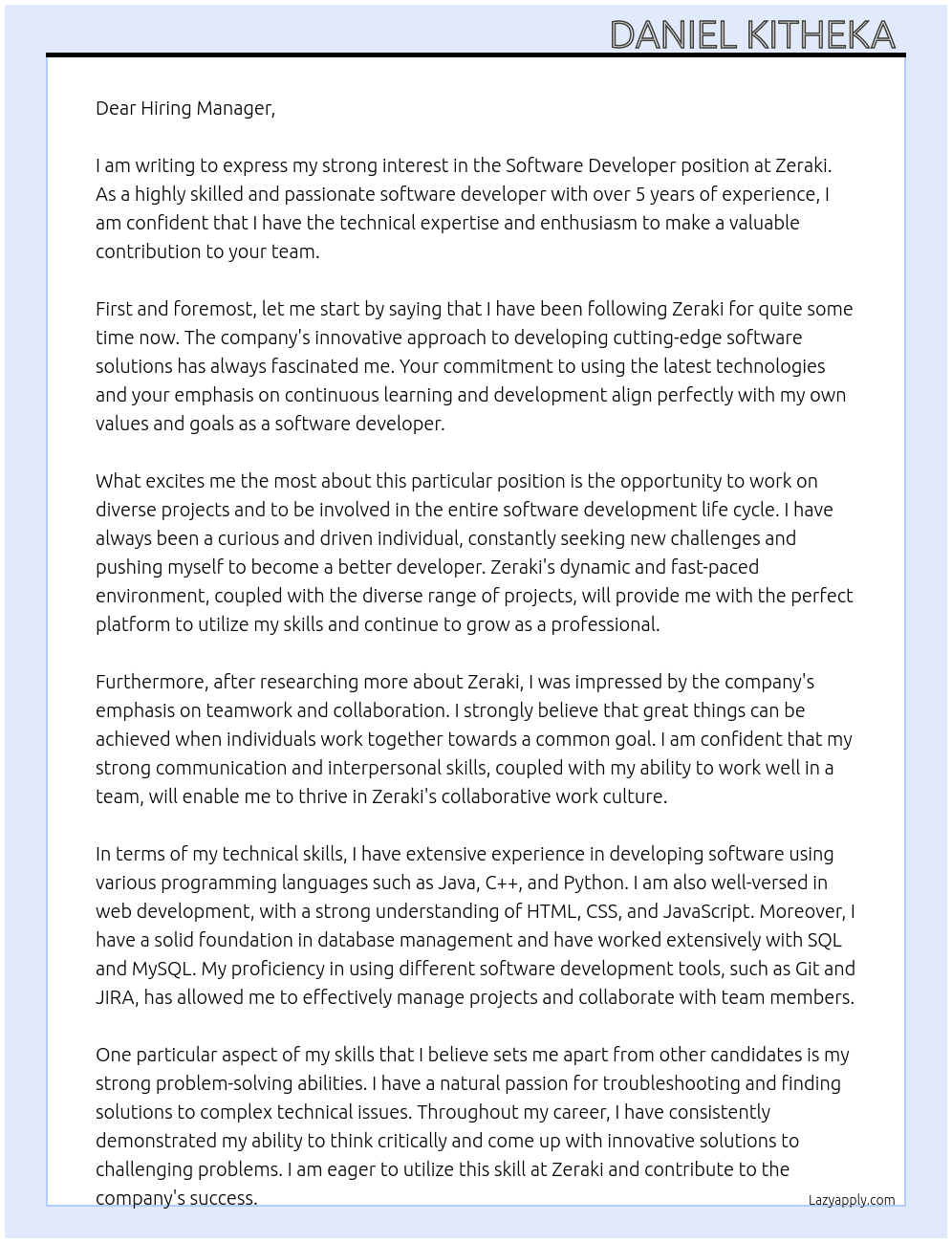 Software Developer At Zeraki Cover Letter