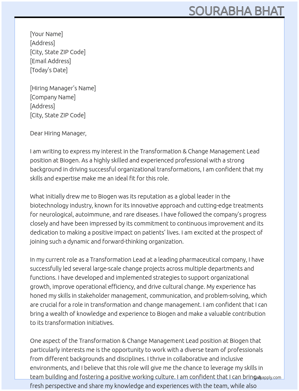 Transformation & Change Management Lead  At Biogen Cover Letter