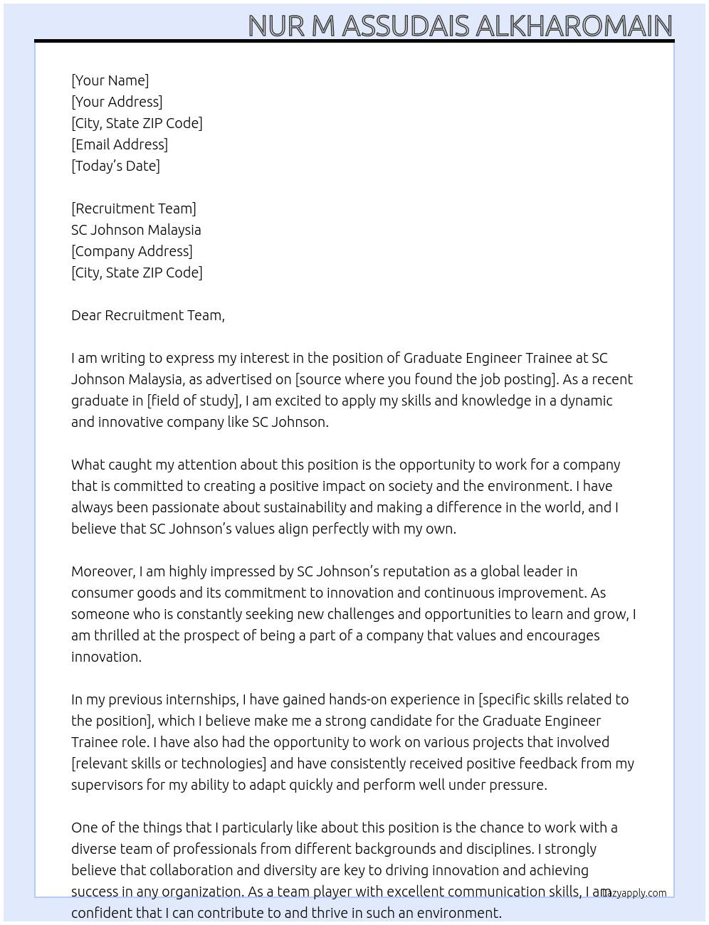 Graduate Engineer Trainee At SC Johnson Malaysia Cover Letter