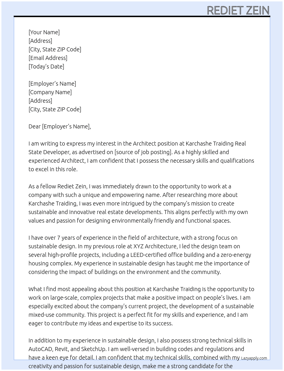 Architect At Karchashe Traiding real state developer Cover Letter
