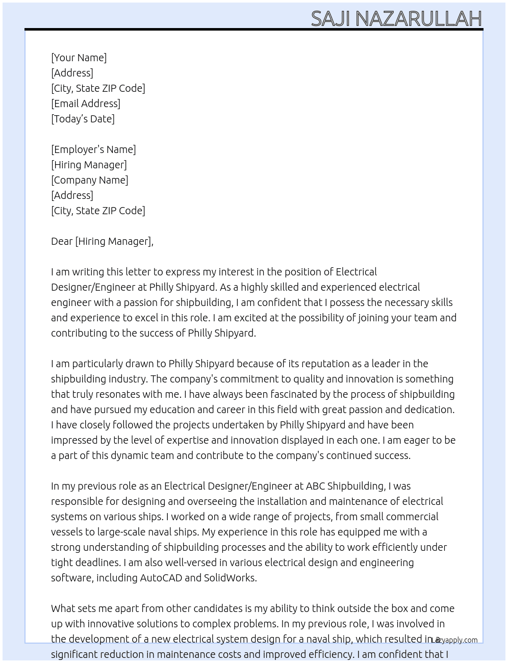 Electrical Designer/Engineer At Philly Shipyard Cover Letter