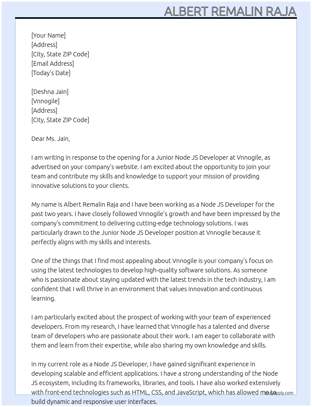 Junior Node JS Developer At Vnnogile Cover Letter