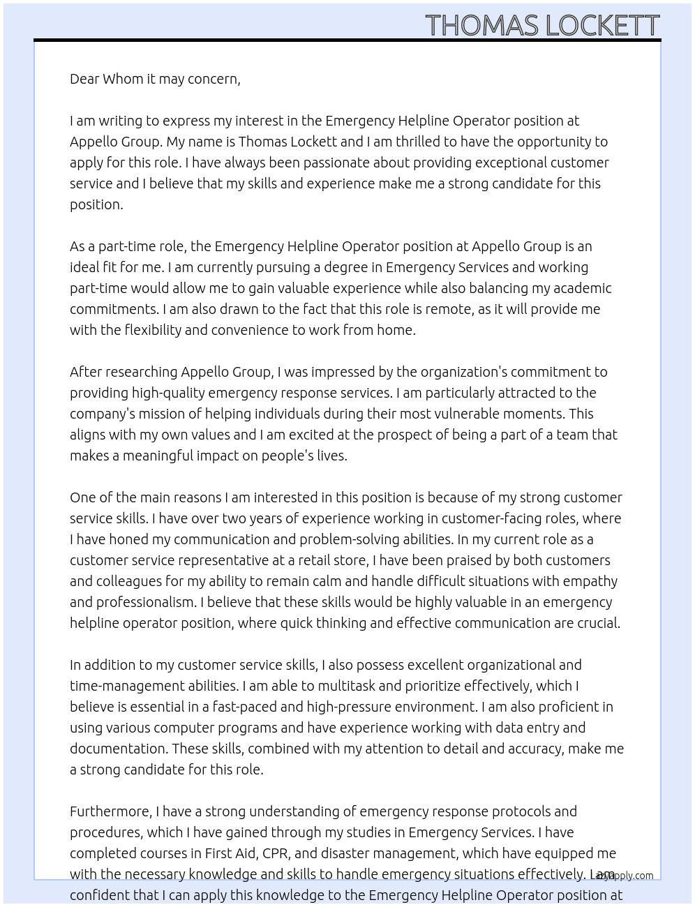 Emergency Helpline Operator At Appello Group Cover Letter