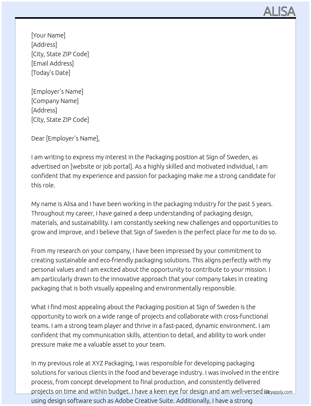 packaging At sign of sweden Cover Letter