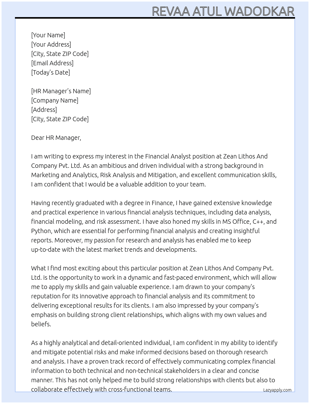 Financial Analyst At Zean Lithos And Company Pvt. Ltd.  Cover Letter