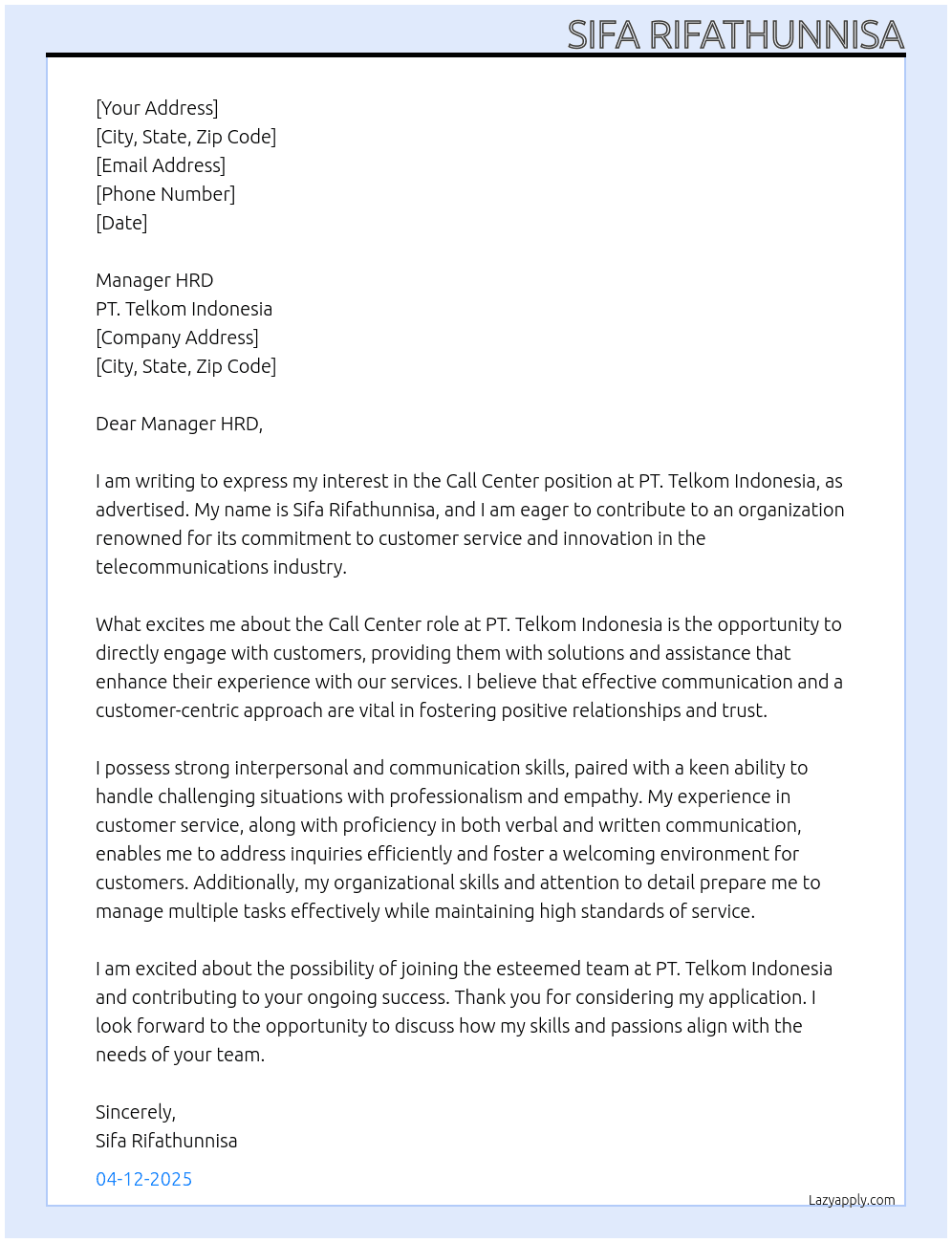 Call Center At PT. Telkom Indonesia Cover Letter