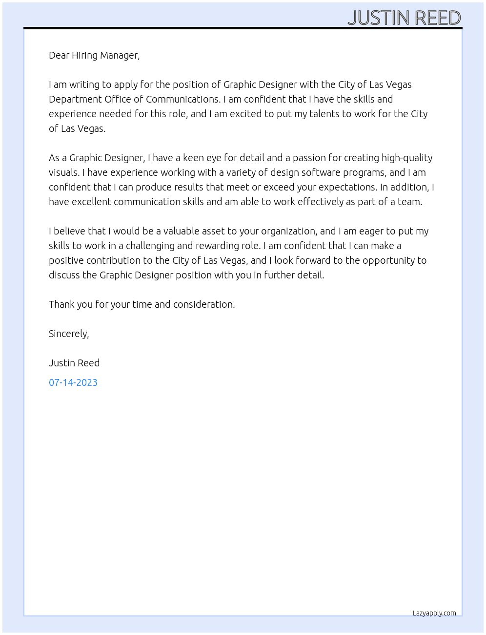 Graphic Designer At City of Las Vegas Department Office of Communications Cover Letter