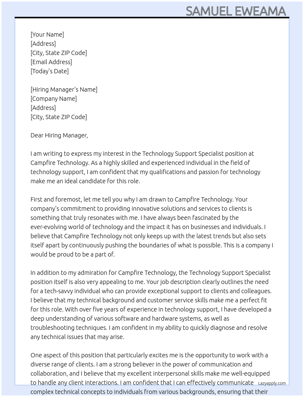 Technology Support Specialist At Campfire Technology Cover Letter