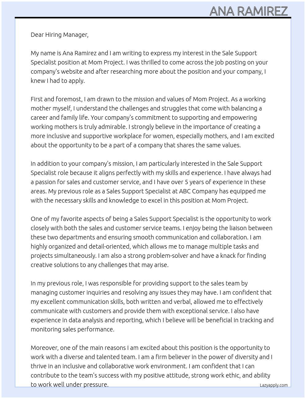 Sale support specialist At Mom project  Cover Letter