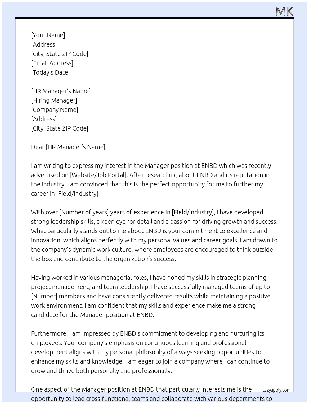 Manager At ENBD Cover Letter