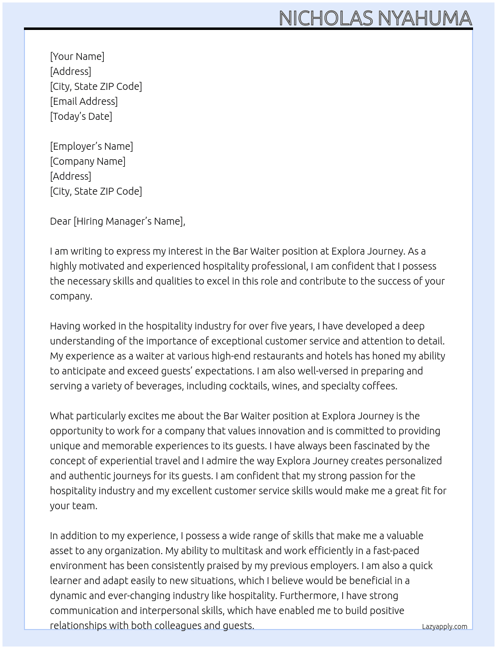 Bar waiter At Explora journey Cover Letter