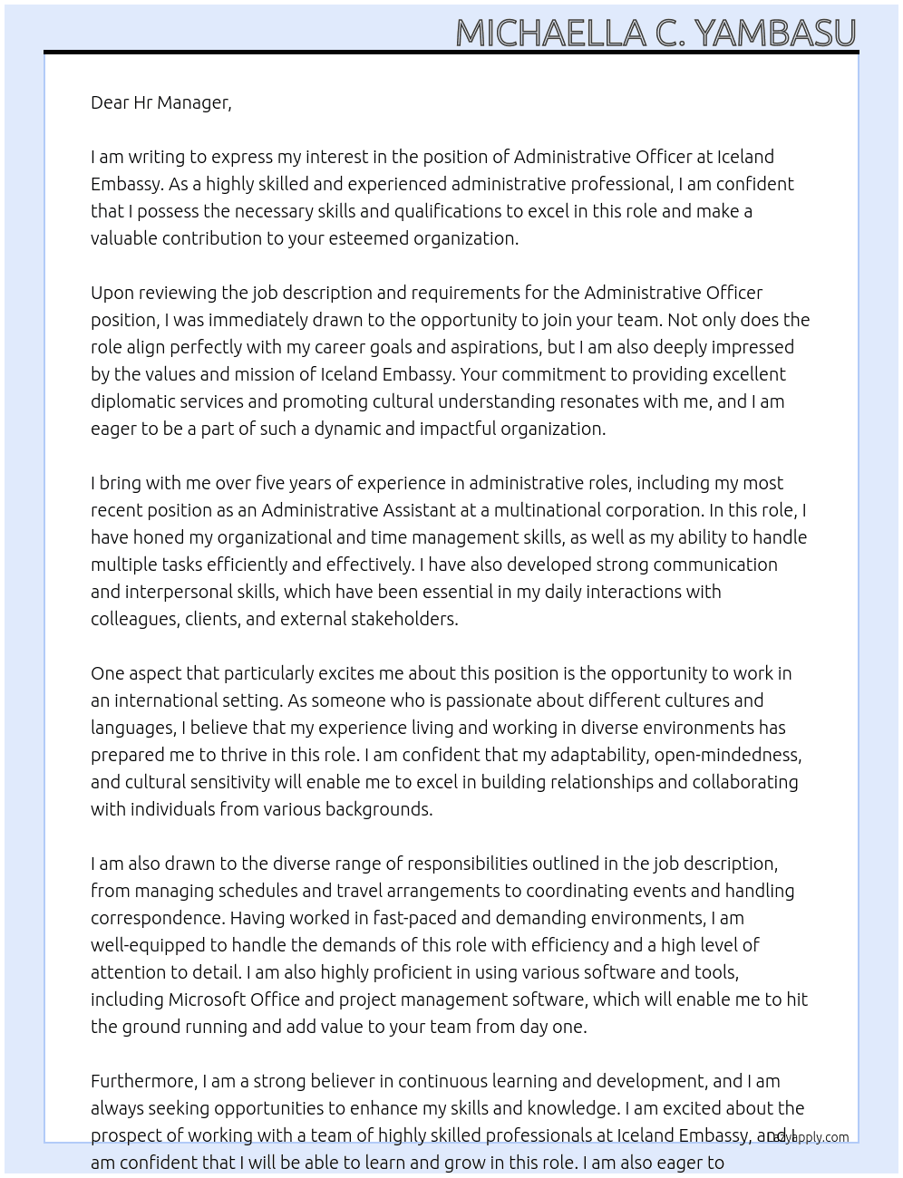 Administrative officer At Iceland Embassy Cover Letter