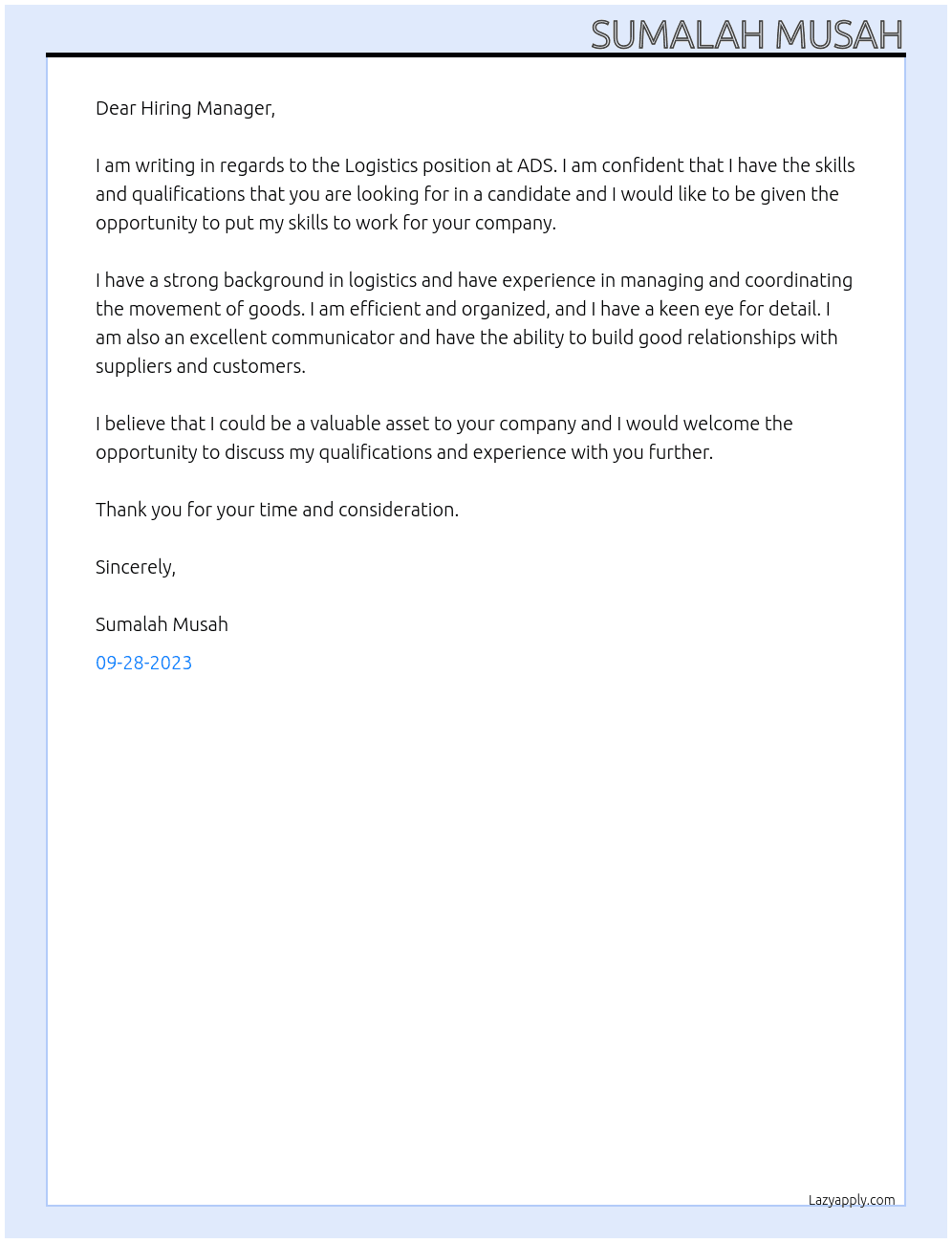 Logistics At ADS Cover Letter