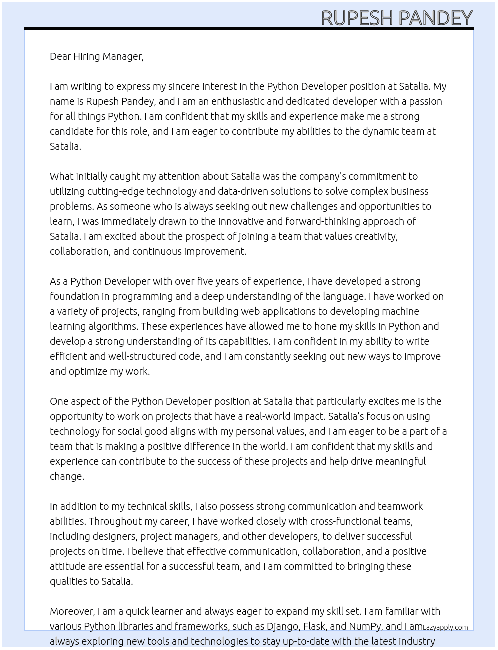 Python Developer At Satalia Cover Letter