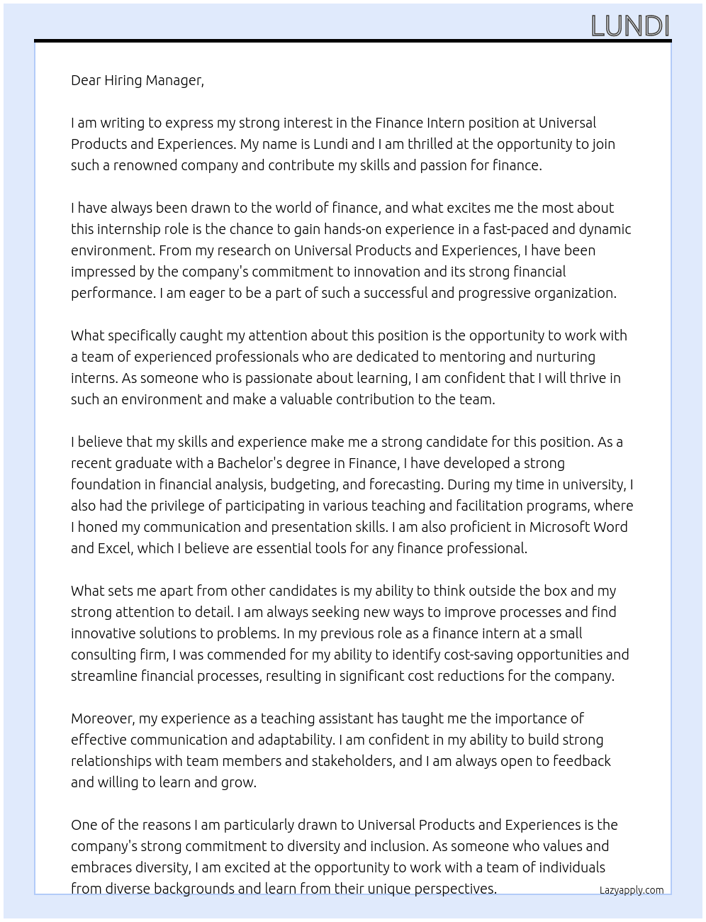 finance intern At Universal Products and Experiences Cover Letter