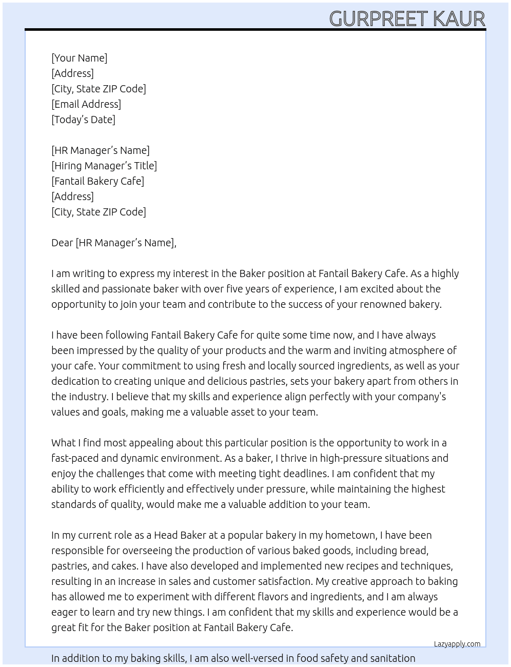 Baker At Fantail Bakery Cafe Cover Letter