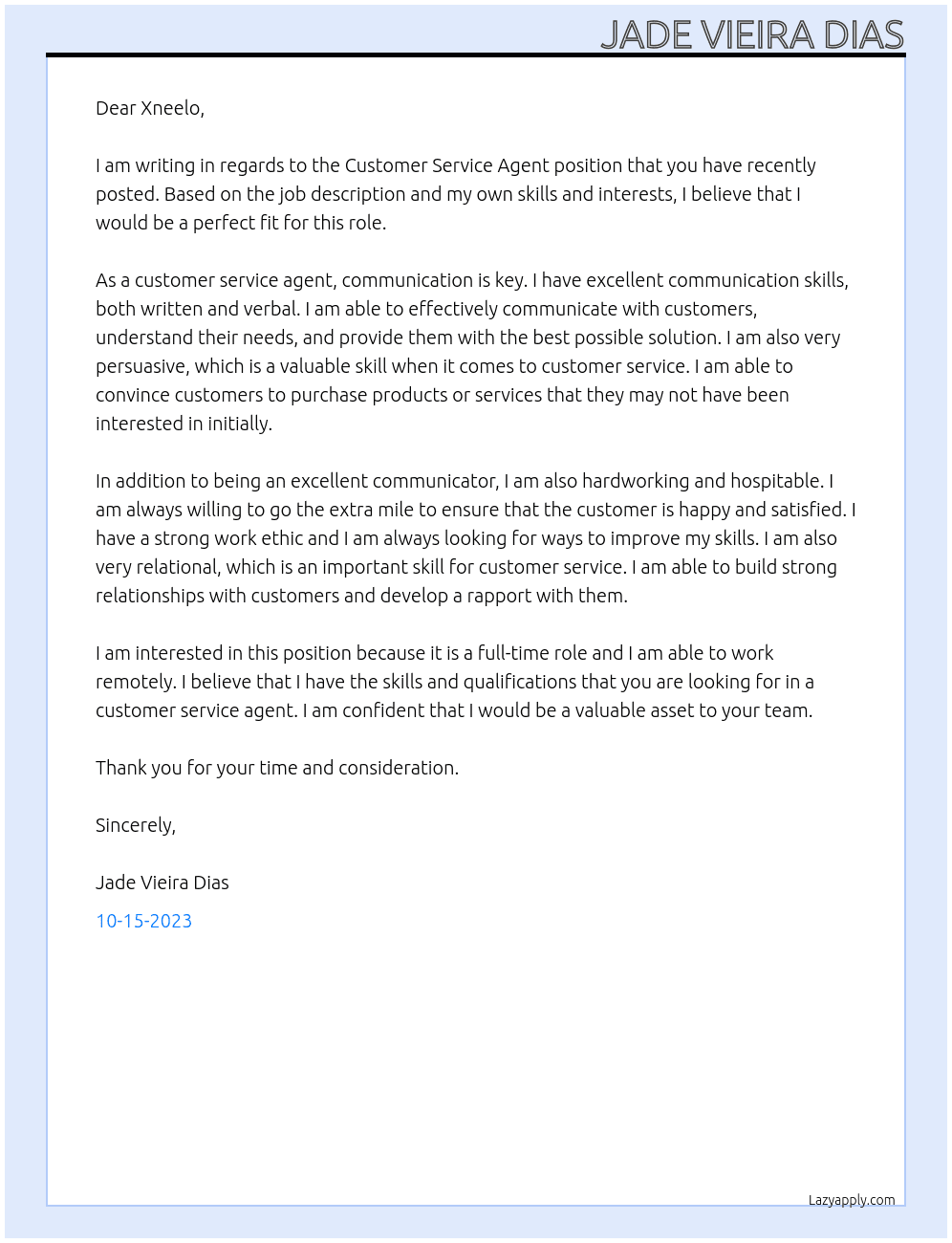 customer service agent At Xneelo Cover Letter