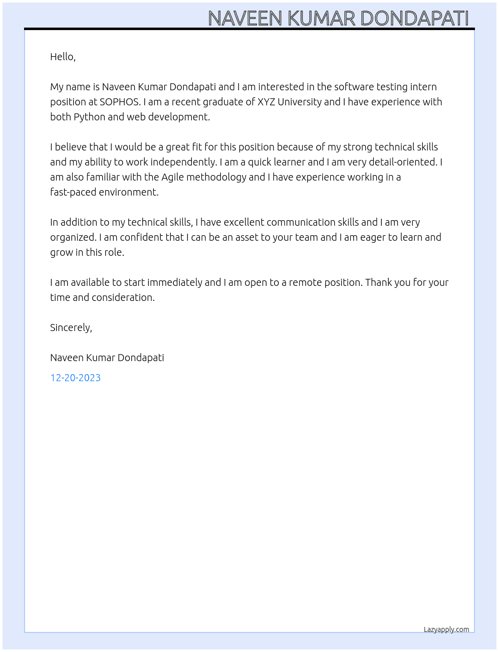 Software testing (intern) At SOPHOS Cover Letter