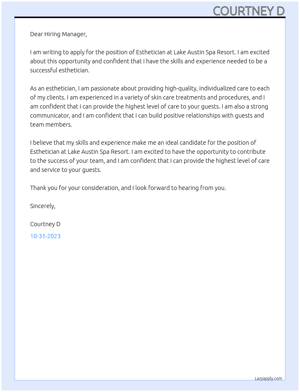 Esthetician At Lake Austin Spa Resort Cover Letter
