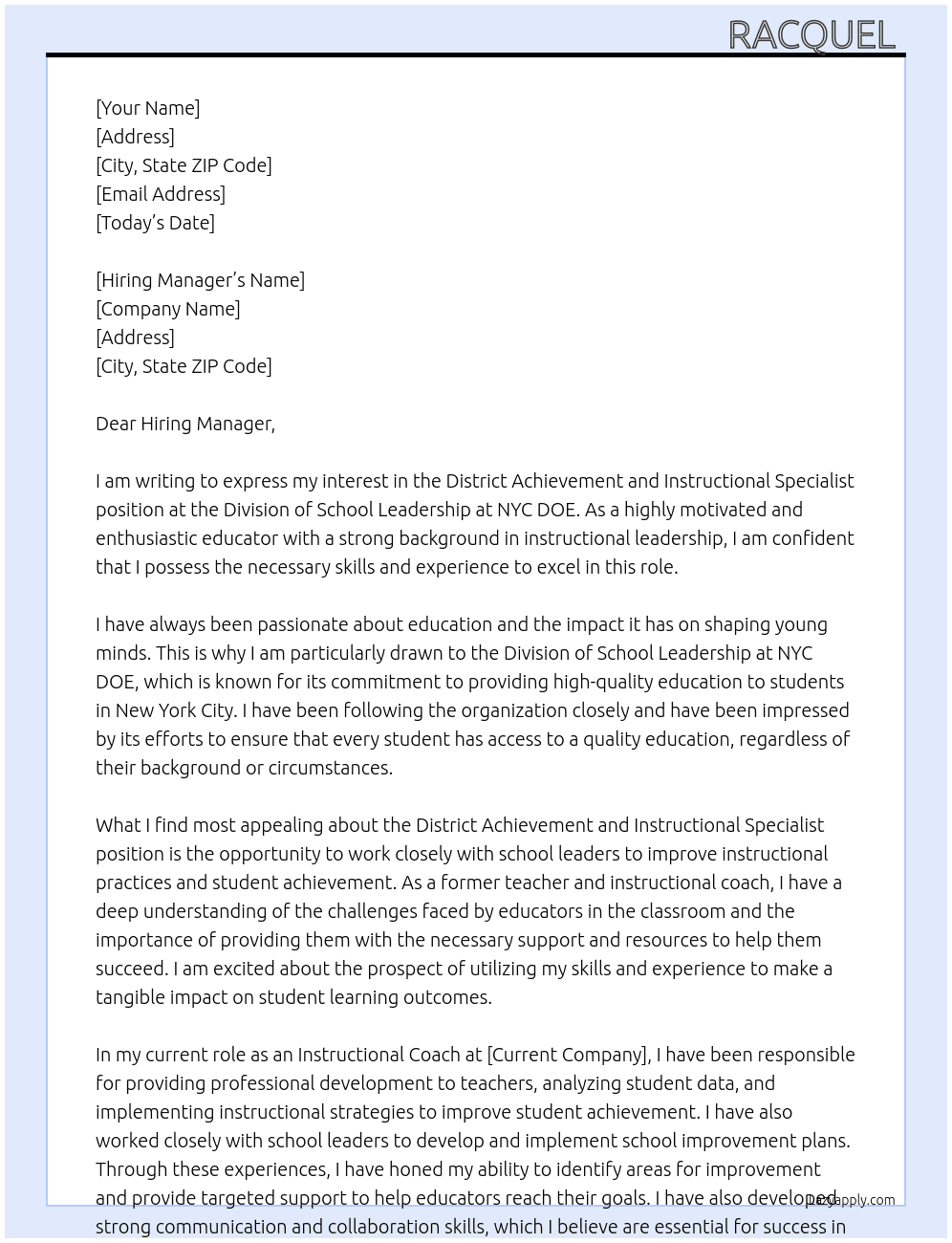 District Achievement and Instructional Specialist At Division of school leadership nyc doe Cover Letter