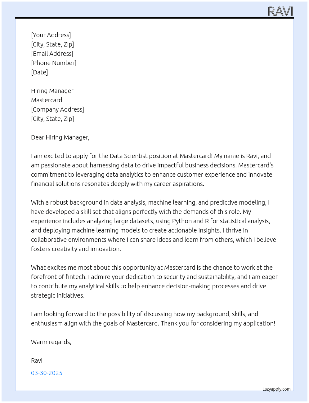 Data Scientist At Mastercard Cover Letter