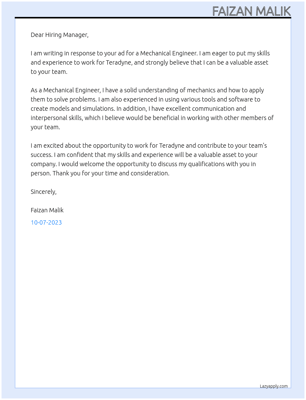 Mechanical Engineer At Teradyne Cover Letter