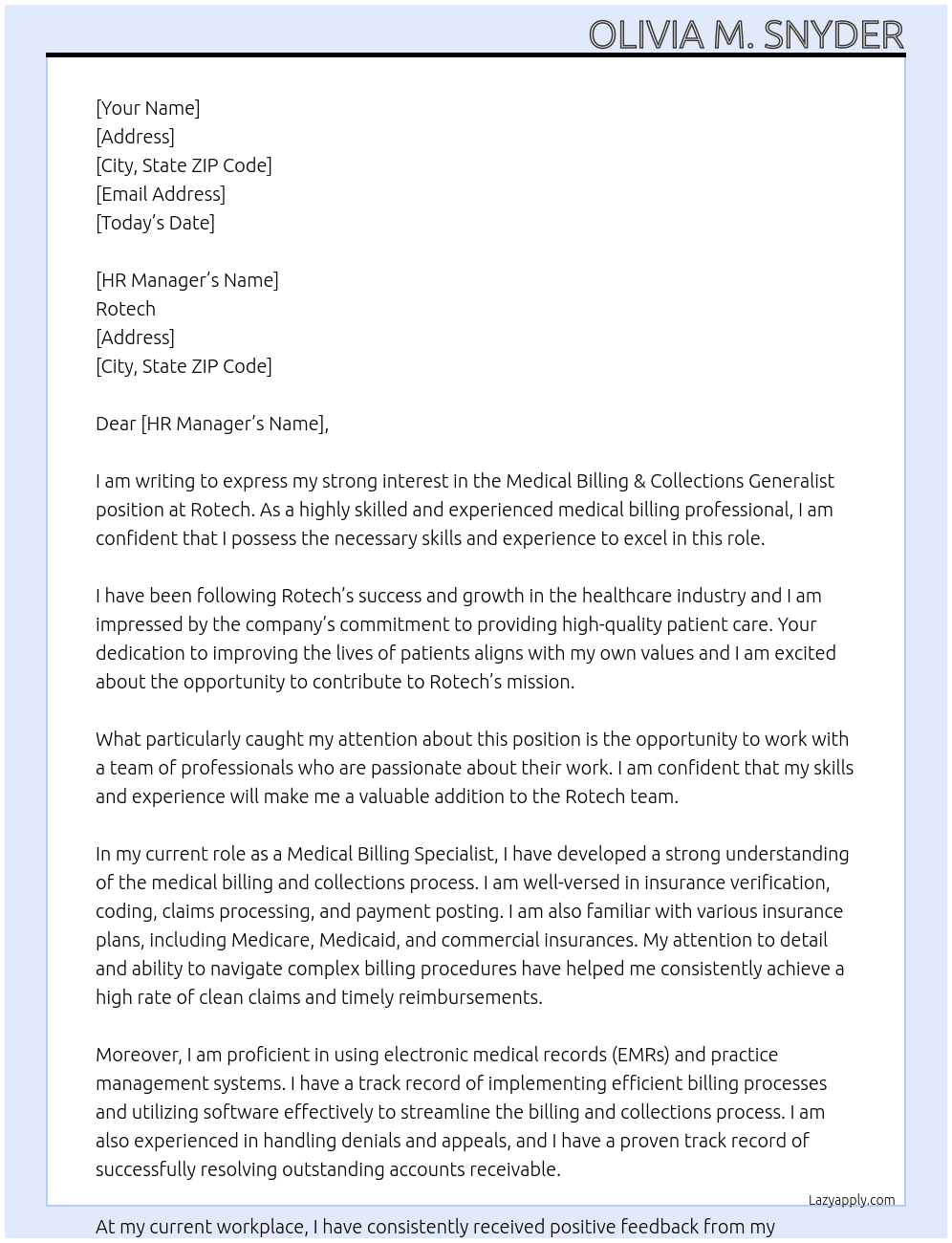 Medical Billing & Collections Generalist At Rotech Cover Letter