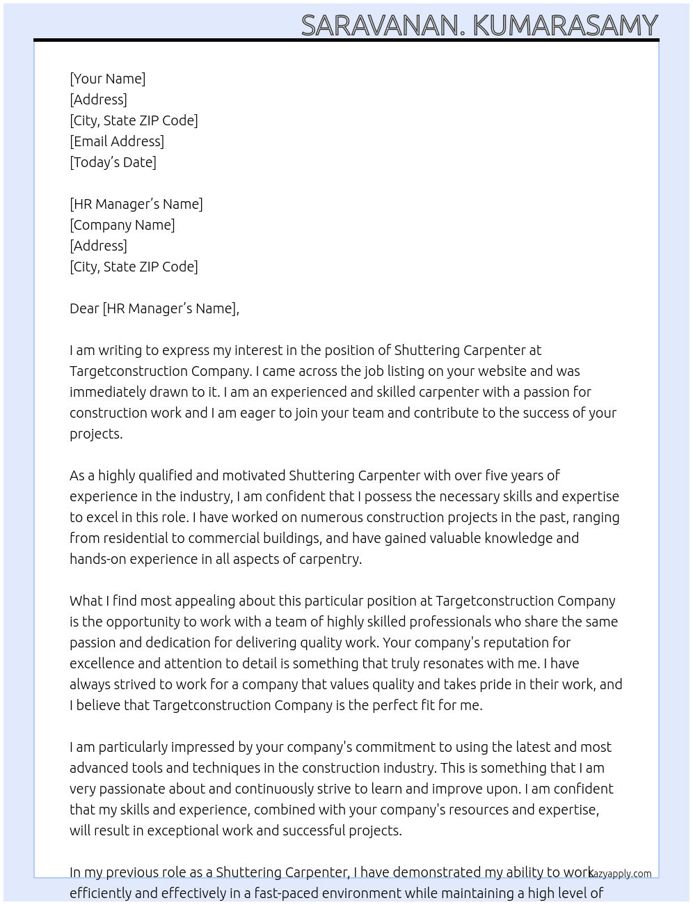 Shutteringcarpenter At Targetconsturion. Company Cover Letter