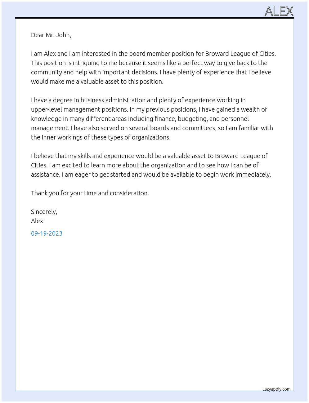 board member At broward league of cities  Cover Letter