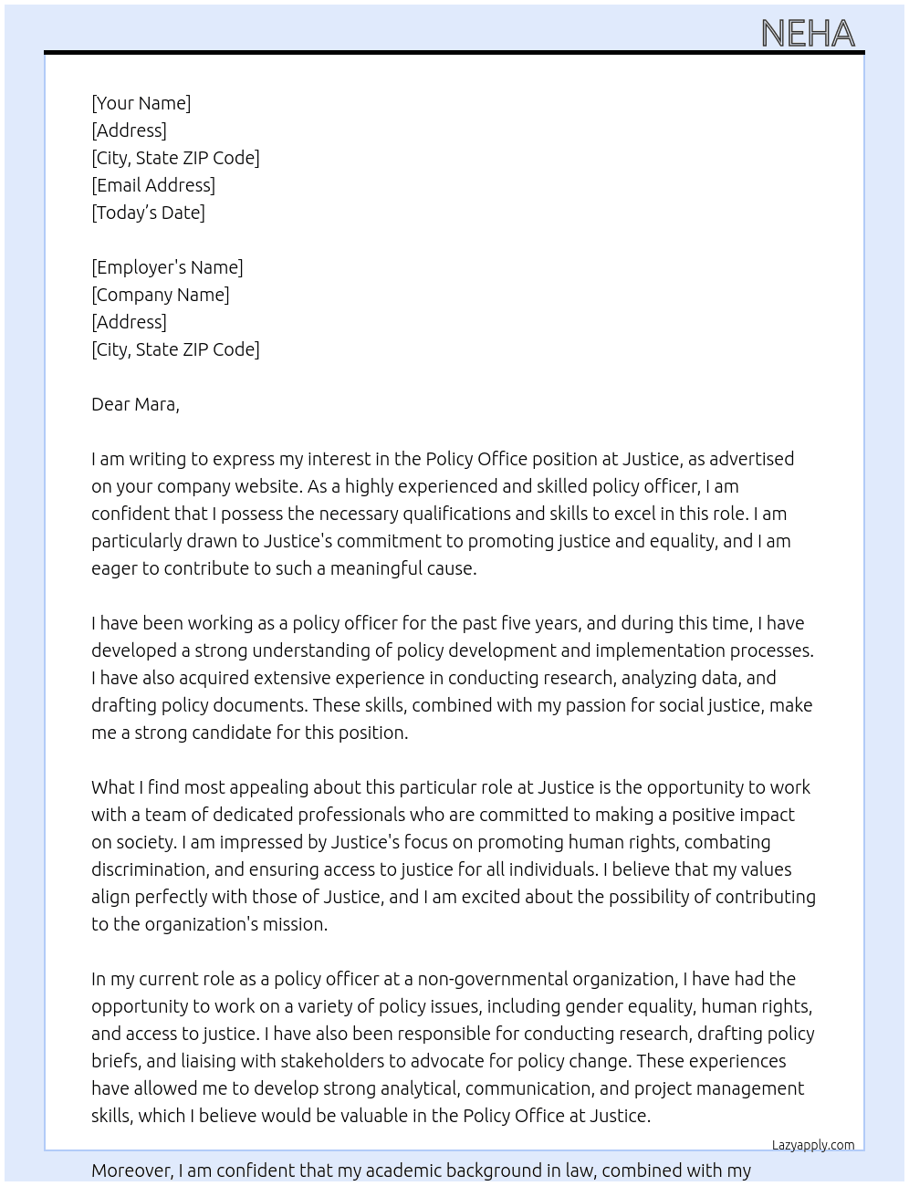 Policy office At Justice Cover Letter