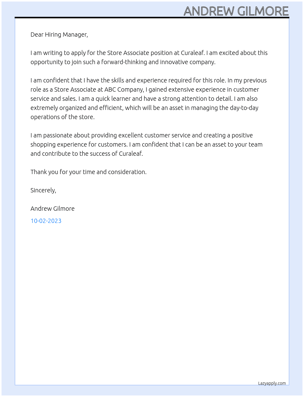 Store Associate At Curaleaf Cover Letter