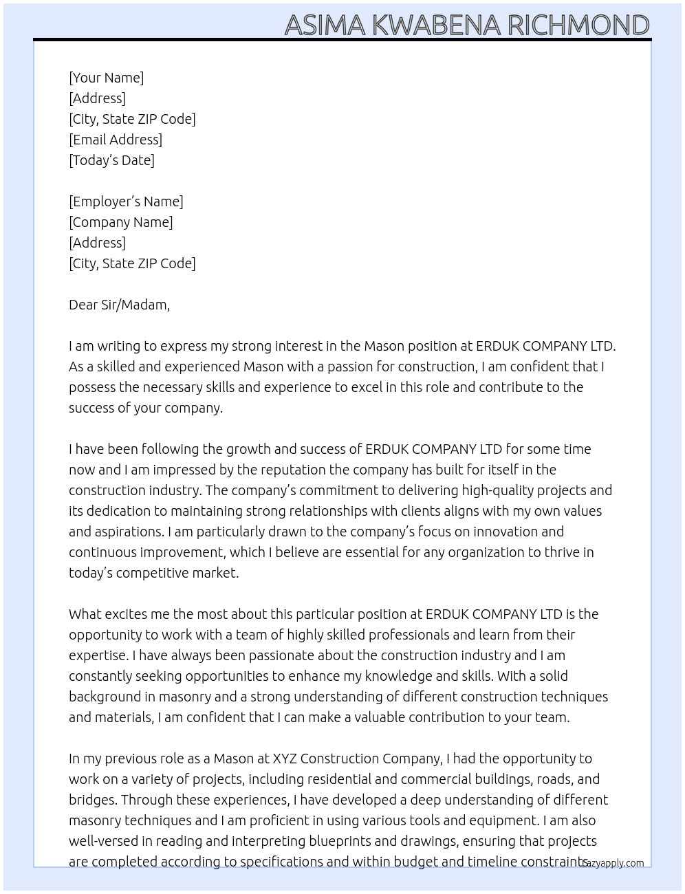 Mason At ERDUK CPMPANY LTD Cover Letter