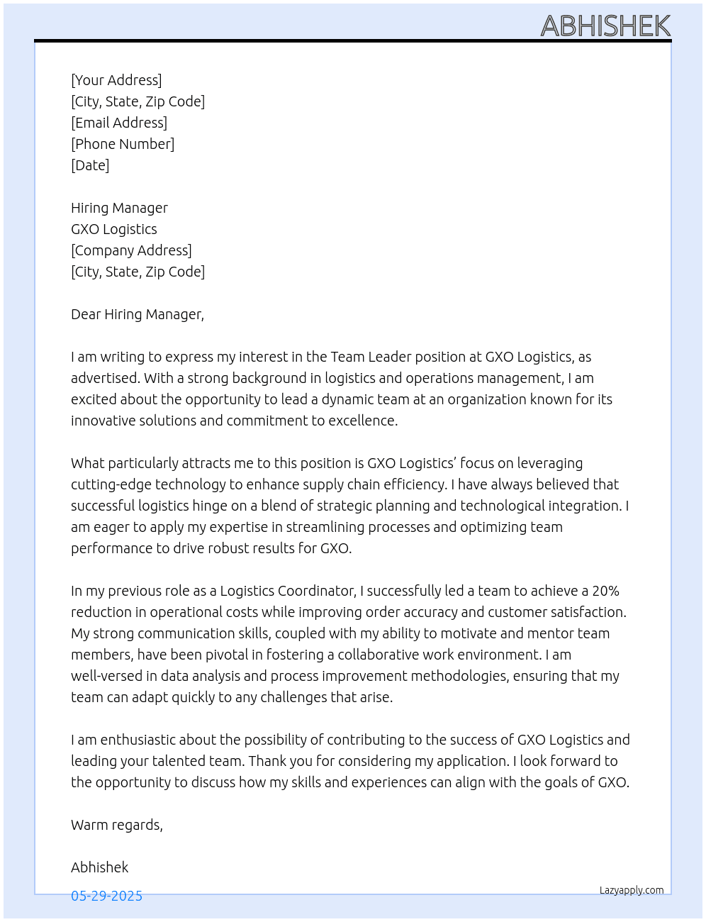 Team leader At Gxo logistics Cover Letter