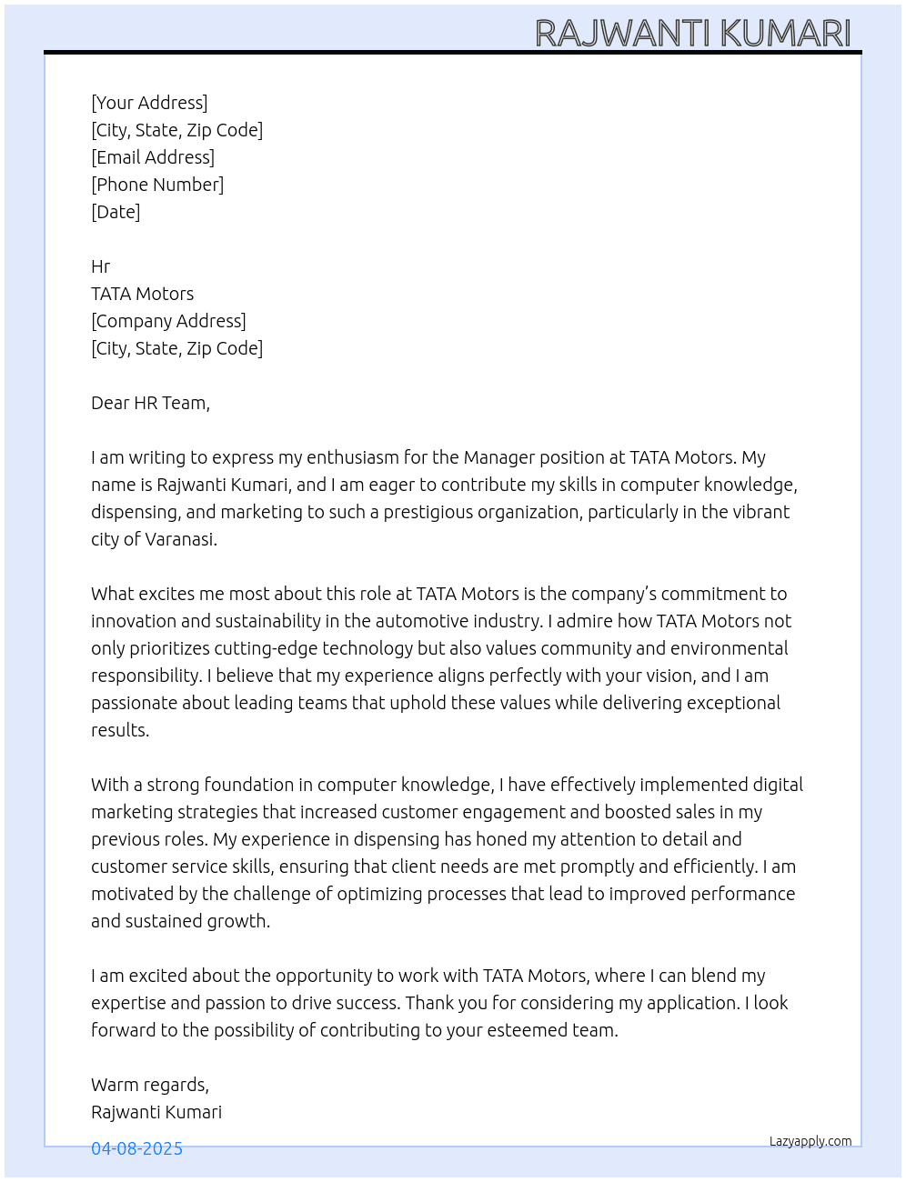 Manager  At TATA Moters  Cover Letter