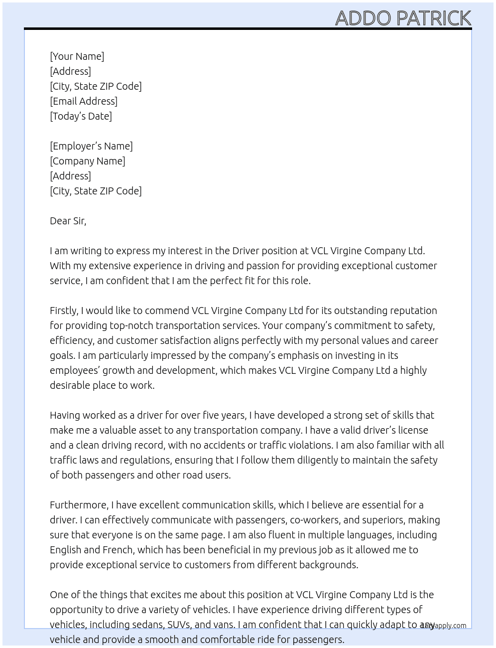 Driver At VCL VIRGINE COMPANY LTD  Cover Letter
