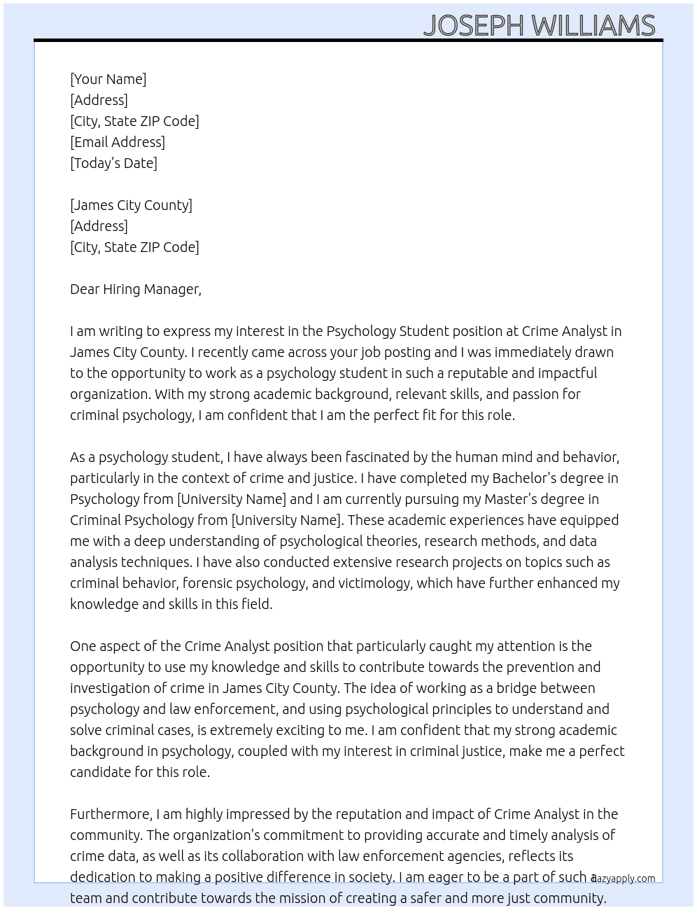 Psychology Student  At Crime analyst Cover Letter